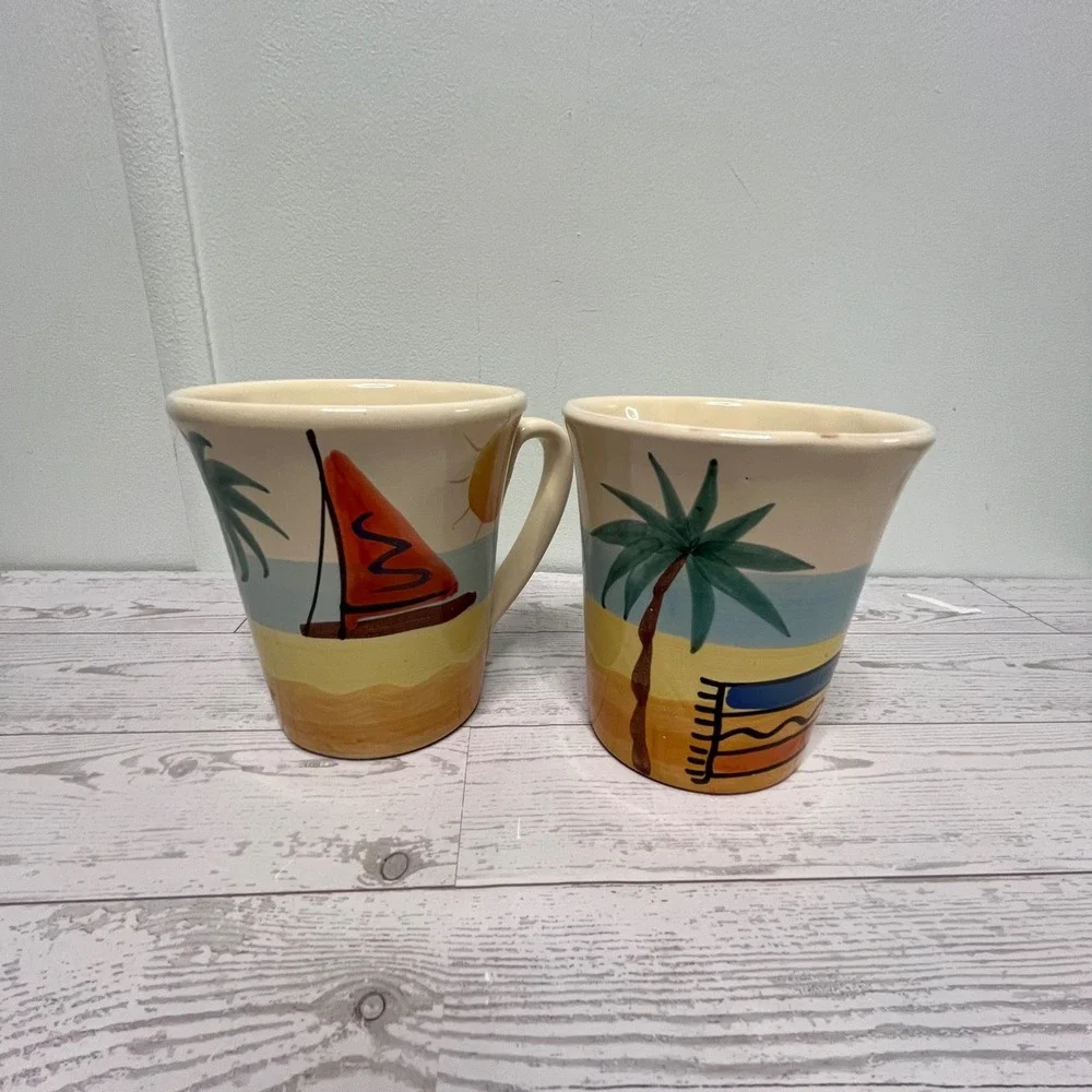 Pier 1 Hand Painted Italy Beach Scene Mugs Set of 2 Sailboat Palm Tree Coastal